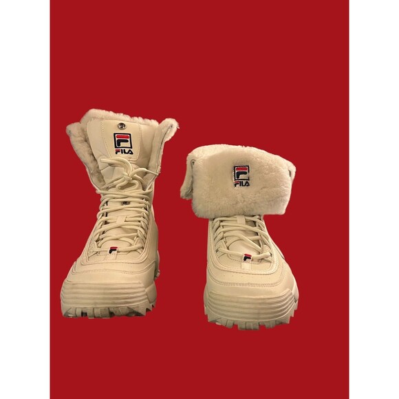 FILA DISRUPTOR BOOT FUR OFF WHITE IVORY LACE UP FUR LINING WOMENS BOOTS - Picture 3 of 16